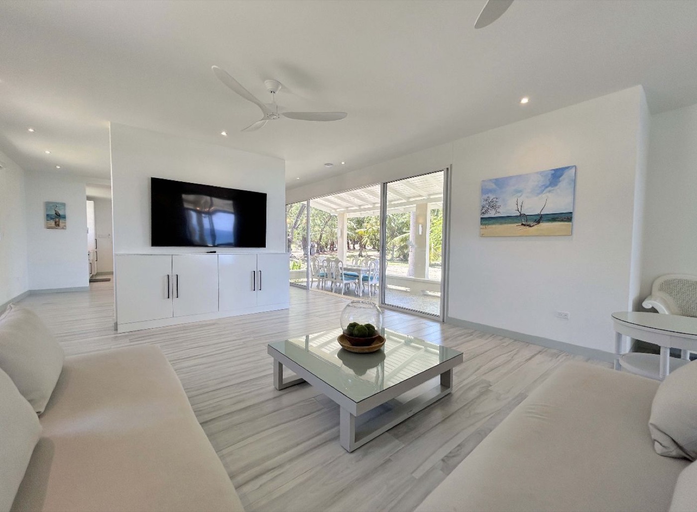 Open-plan living room with doors toward the veranda